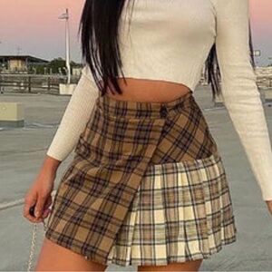 Asymmetrical Brown and Cream Mini Wrap Skirt for Night Out